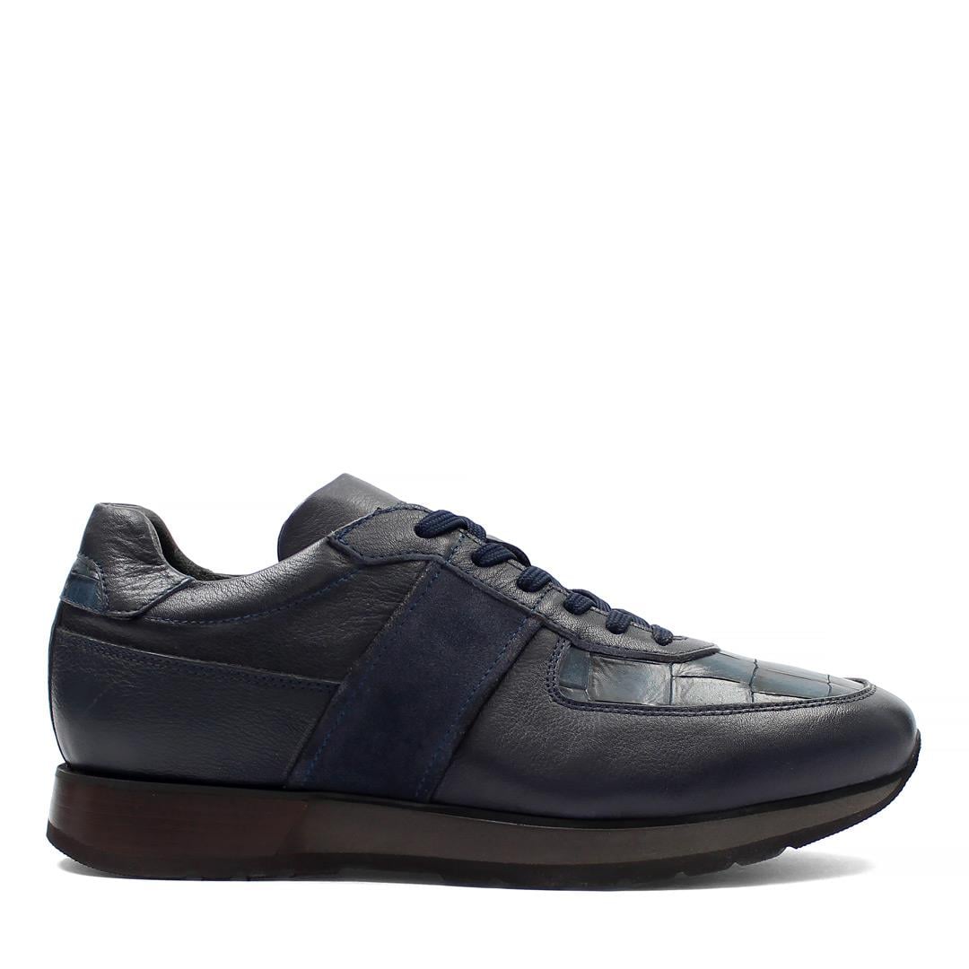 Erkek Lacivert Bağcıklı Deri Sneaker