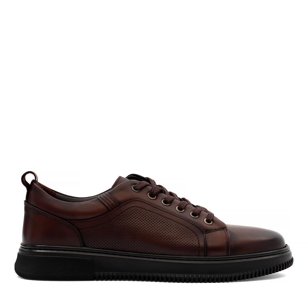 Erkek Kahverengi Bağcıklı Baskılı Deri Sneaker