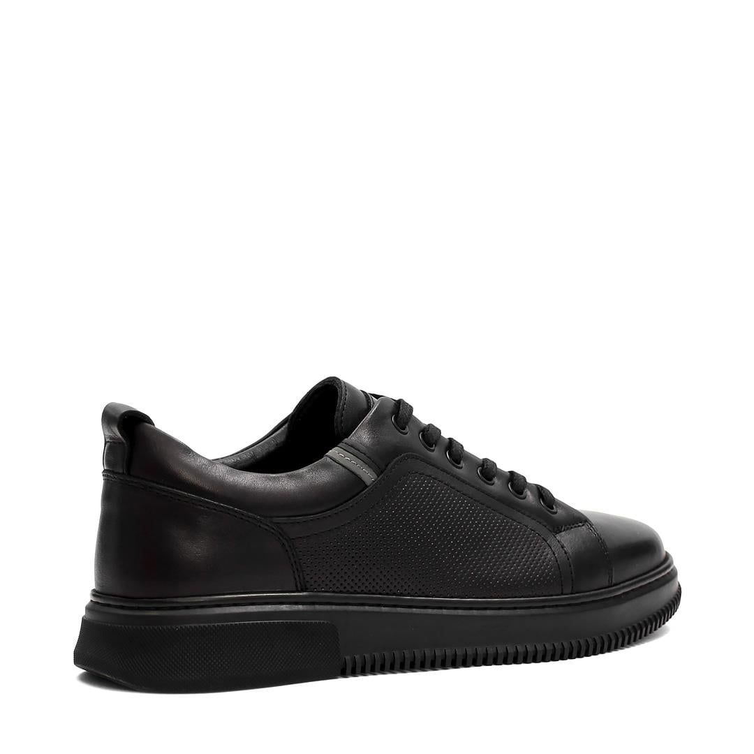 Erkek Siyah Bağcıklı Baskılı Deri Sneaker