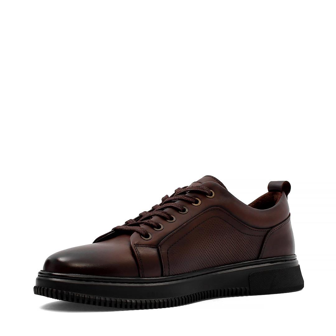 Erkek Kahverengi Bağcıklı Baskılı Deri Sneaker