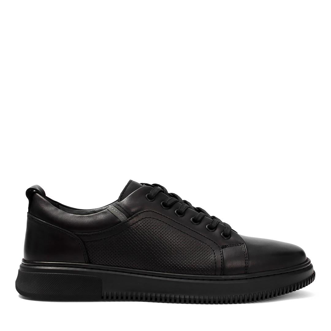 Erkek Siyah Bağcıklı Baskılı Deri Sneaker