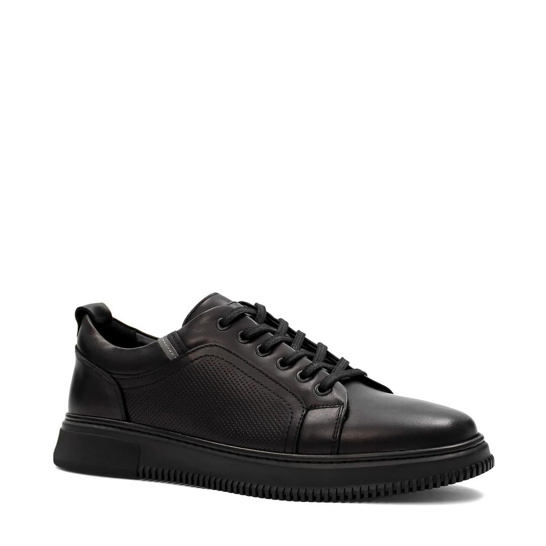 Erkek Siyah Bağcıklı Baskılı Deri Sneaker