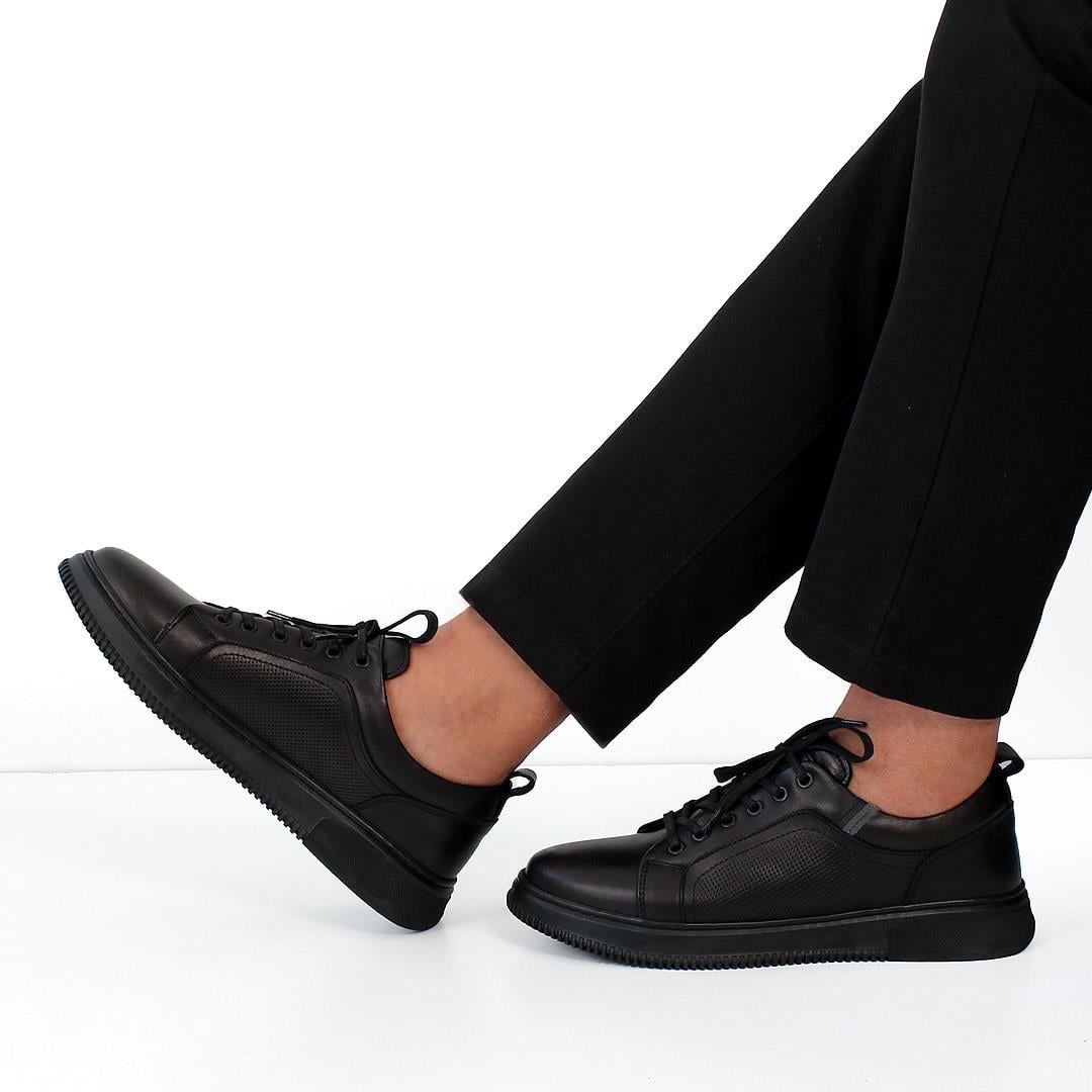 Erkek Siyah Bağcıklı Baskılı Deri Sneaker