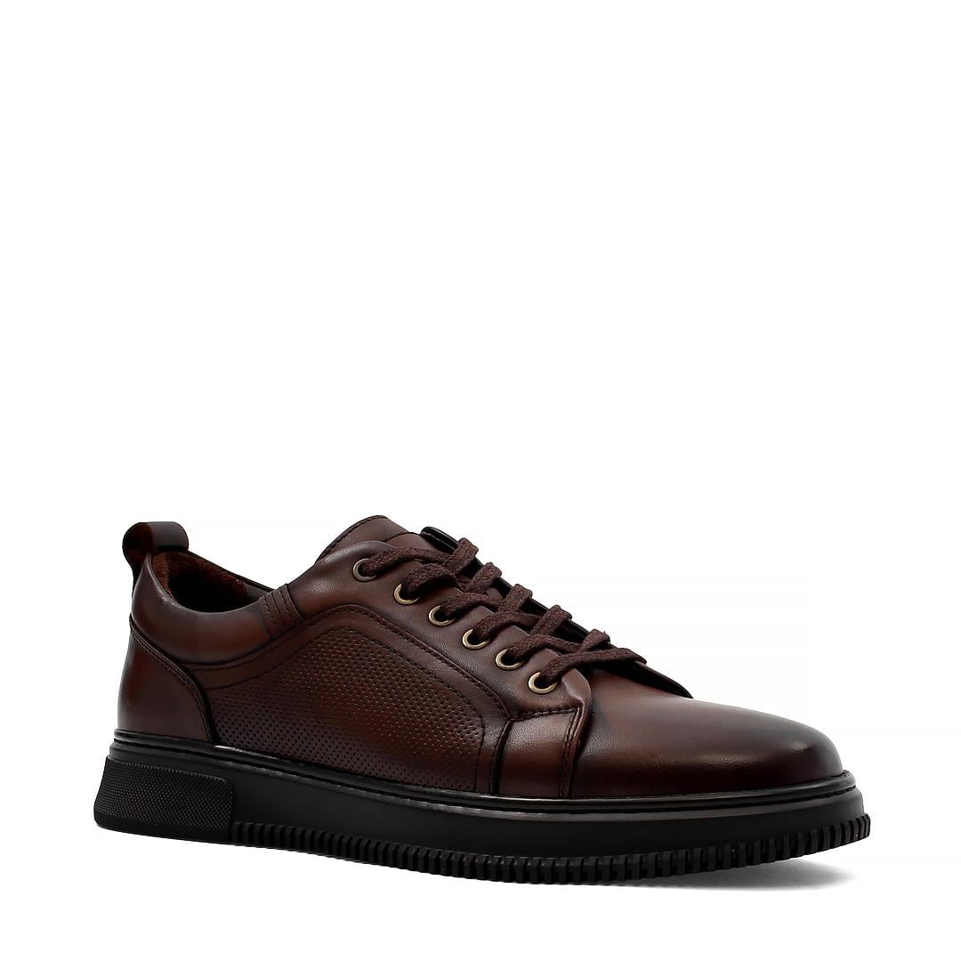 Erkek Kahverengi Bağcıklı Baskılı Deri Sneaker
