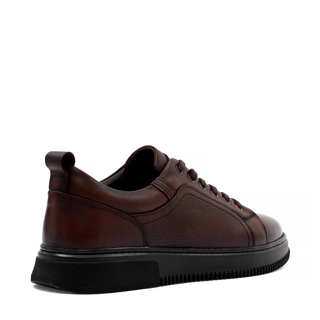 Erkek Kahverengi Bağcıklı Baskılı Deri Sneaker