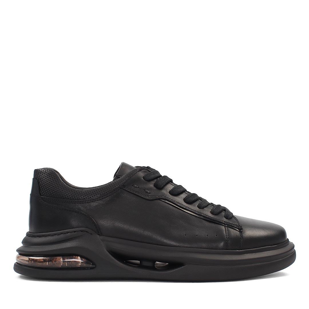 Erkek Siyah Bağcıklı Kalın Tabanlı Deri Sneaker