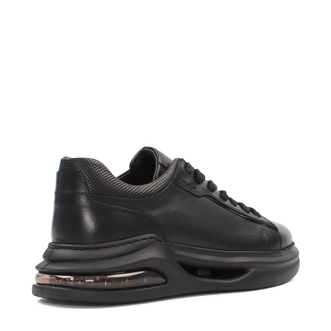 Erkek Siyah Bağcıklı Kalın Tabanlı Deri Sneaker