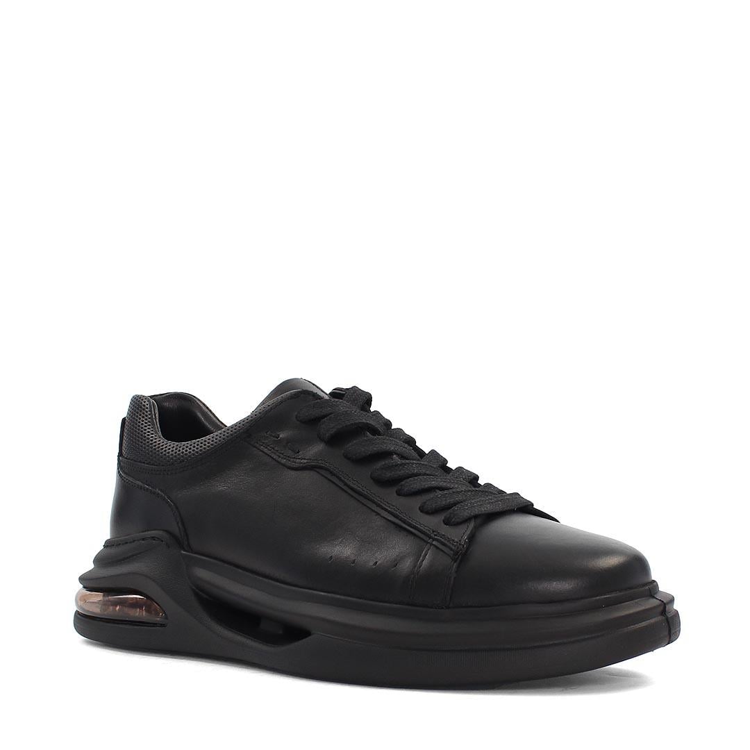 Erkek Siyah Bağcıklı Kalın Tabanlı Deri Sneaker