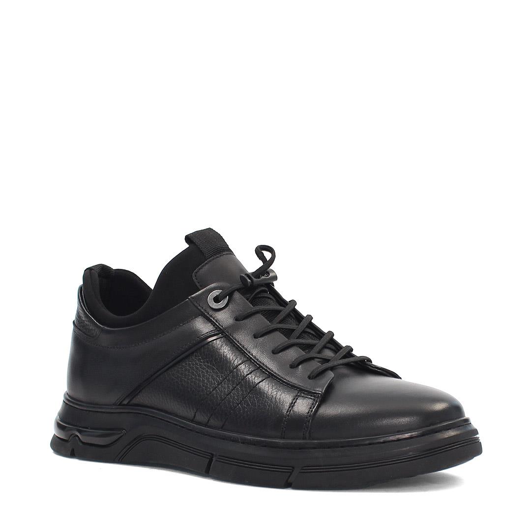 Erkek Siyah Bağcıklı Kalın Tabanlı Deri Sneaker