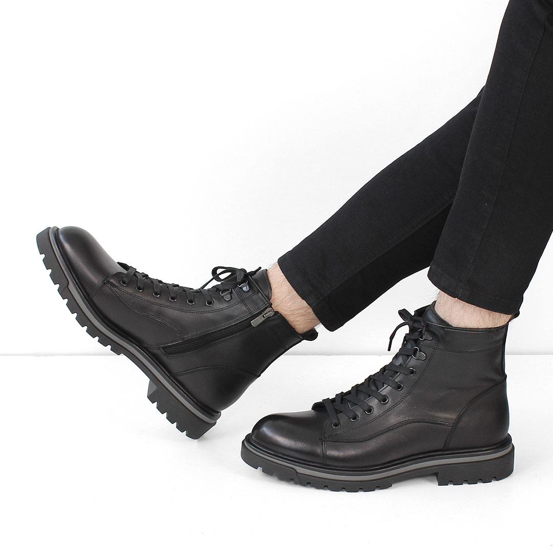 Erkek Siyah Bağcıklı Fermuarlı Deri Bot