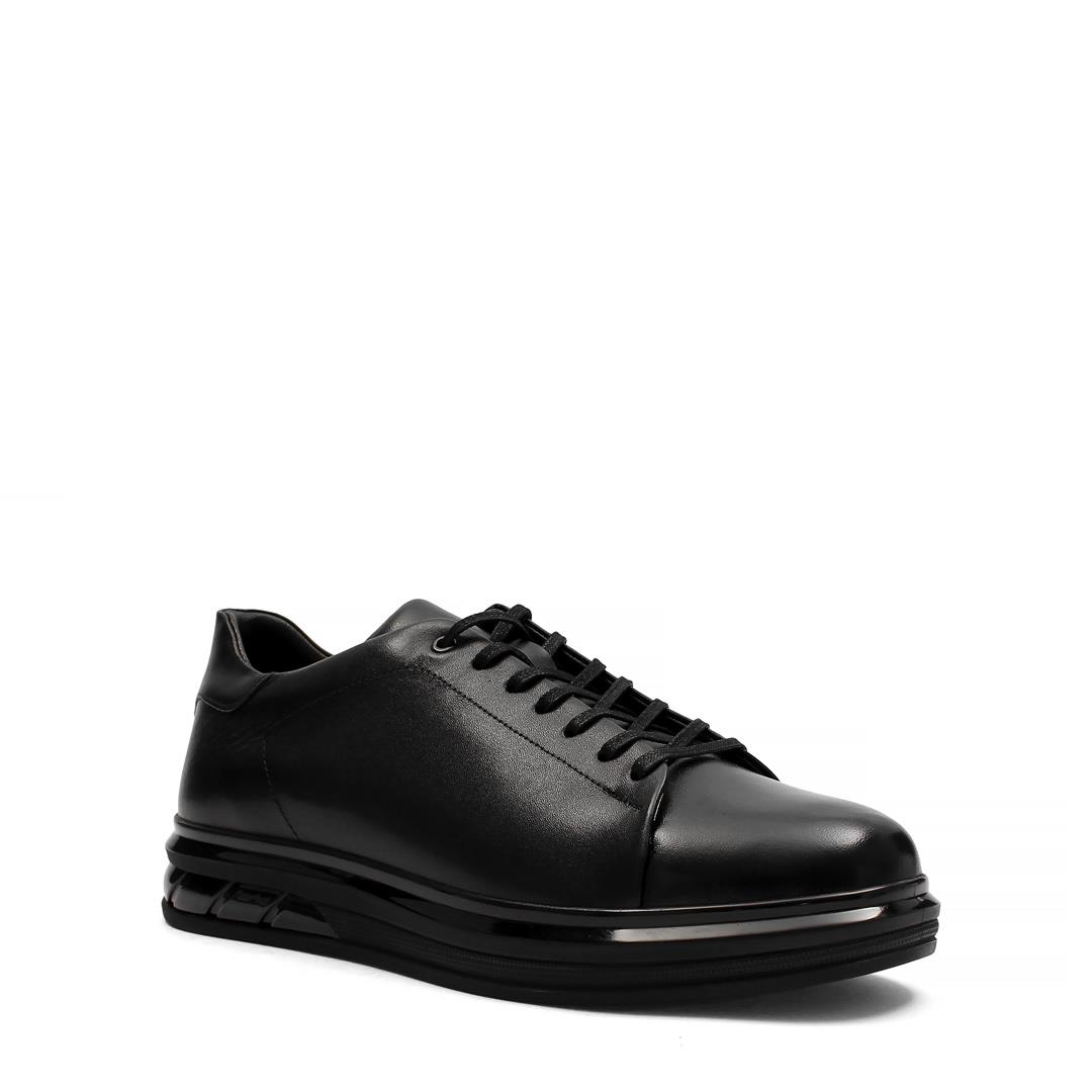 Erkek Siyah Bağcıklı Kalın Tabanlı Deri Sneaker