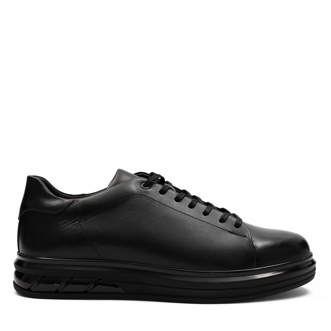 Erkek Siyah Bağcıklı Kalın Tabanlı Deri Sneaker