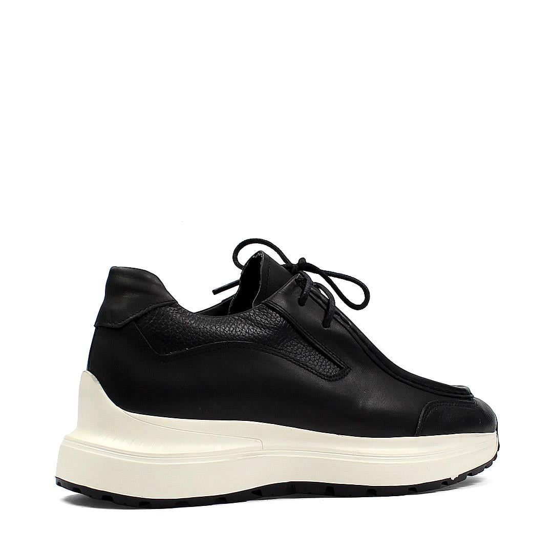 Erkek Siyah Bağcıklı Kalın Tabanlı Deri Sneaker