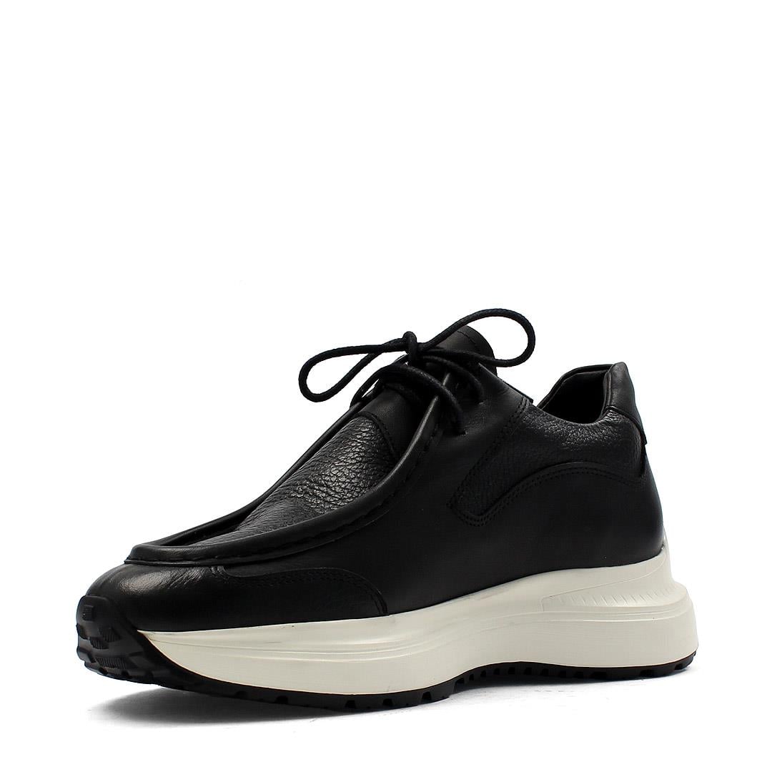 Erkek Siyah Bağcıklı Kalın Tabanlı Deri Sneaker