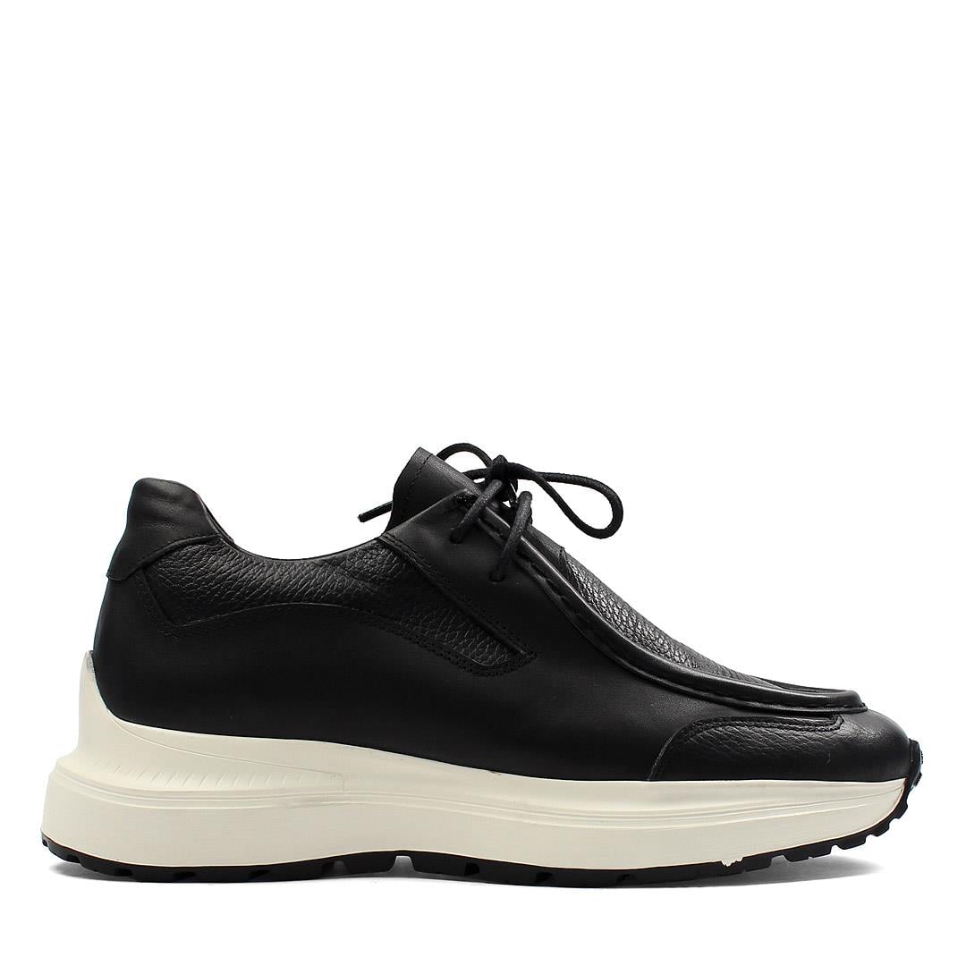 Erkek Siyah Bağcıklı Kalın Tabanlı Deri Sneaker
