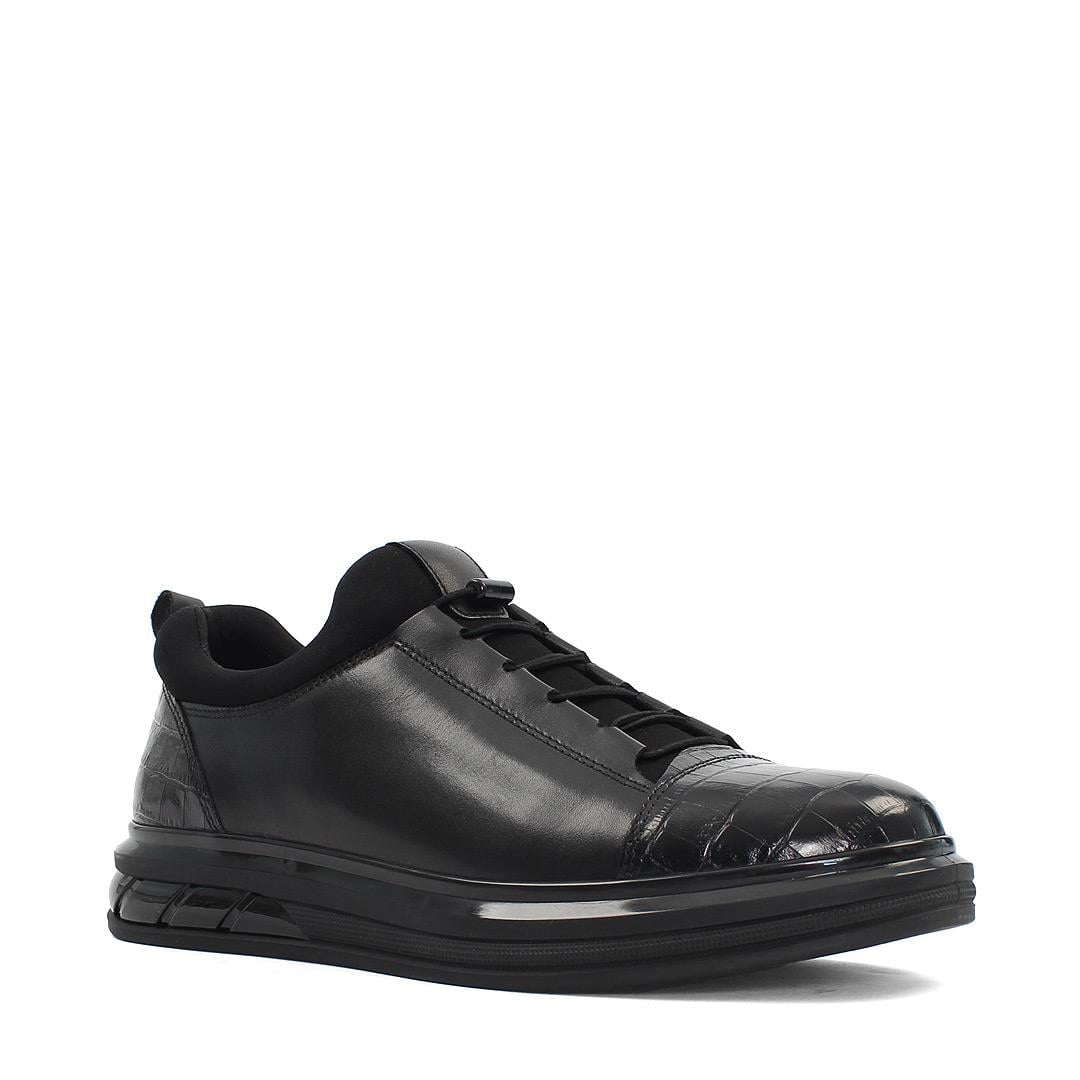 Erkek Siyah Kalın Tabanlı Kroko Deri Sneaker