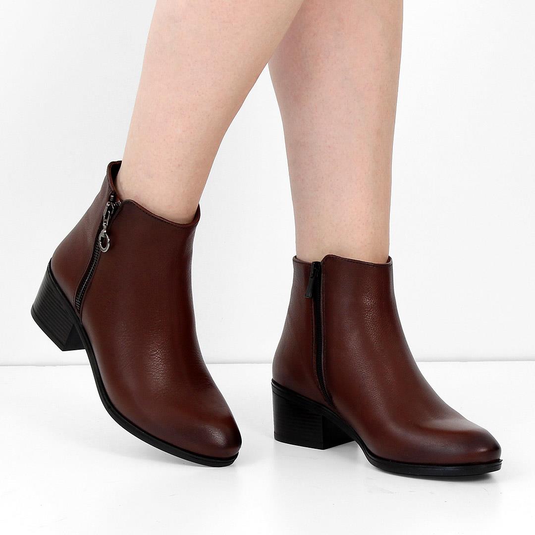 Kadın Taba Çift Fermuarlı Kalın Topuklu Deri Bot