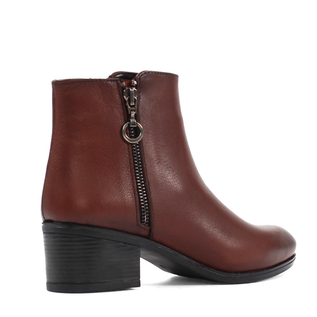 Kadın Taba Çift Fermuarlı Kalın Topuklu Deri Bot