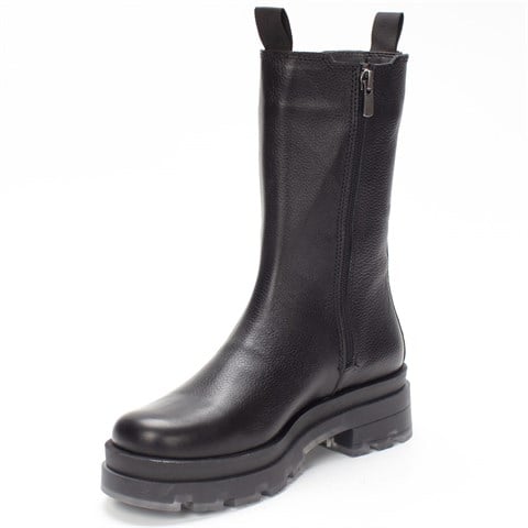 Kadın Siyah Fermuarlı Kalın Tabanlı Deri Bot