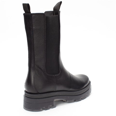 Kadın Siyah Fermuarlı Kalın Tabanlı Deri Bot