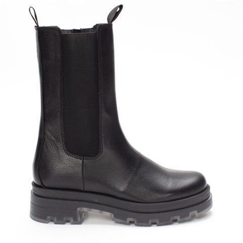 Kadın Siyah Fermuarlı Kalın Tabanlı Deri Bot