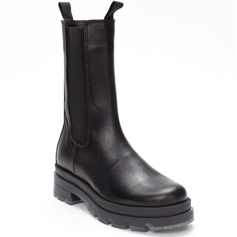 Kadın Siyah Fermuarlı Kalın Tabanlı Deri Bot