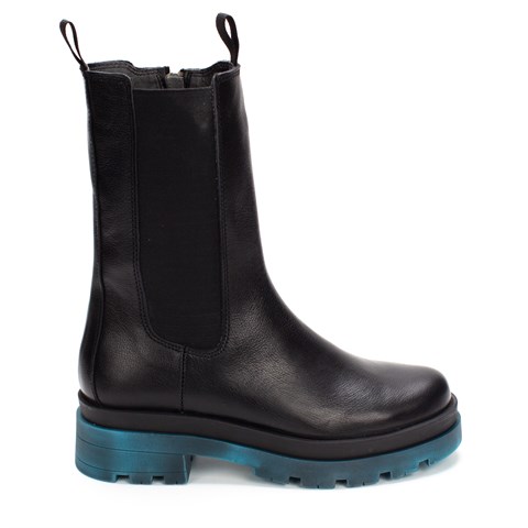 Kadın Siyah Fermuarlı Turkuaz Kalın Tabanlı Deri Bot