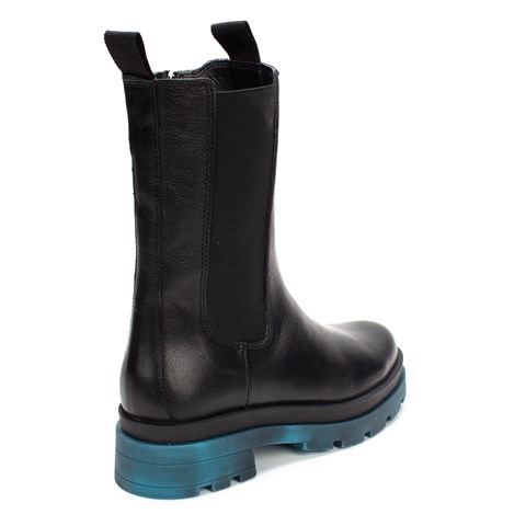 Kadın Siyah Fermuarlı Turkuaz Kalın Tabanlı Deri Bot