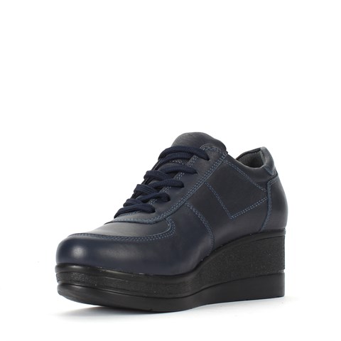 Kadın Lacivert Bağcıklı Fermuarlı Dolgu Topuklu Deri Ayakkabı