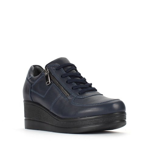 Kadın Lacivert Bağcıklı Fermuarlı Dolgu Topuklu Deri Ayakkabı