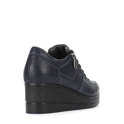 Kadın Lacivert Bağcıklı Fermuarlı Dolgu Topuklu Deri Ayakkabı