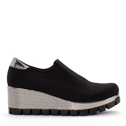 Kadın Siyah Gümüş Streç Dolgu Topuklu Ayakkabı