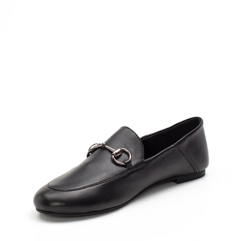 Kadın Siyah Tokalı Deri Loafer