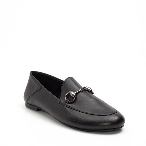 Kadın Siyah Tokalı Deri Loafer