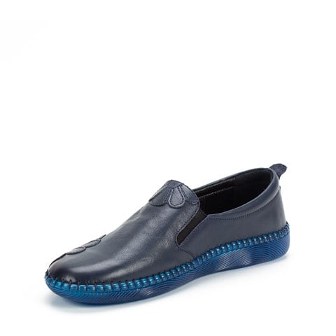 Kadın Lacivert Lastikli Çiçek Desenli Deri Ayakkabı