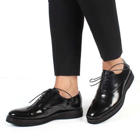 Erkek Siyah Bağcıklı Açma Deri Klasik Ayakkabı