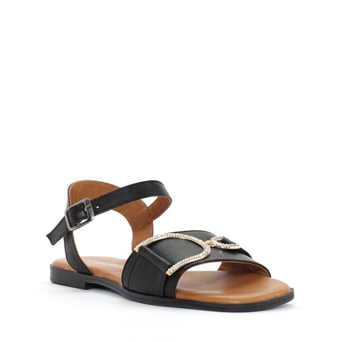 Kadın Siyah Kalın Bantlı Taşlı Deri Sandalet