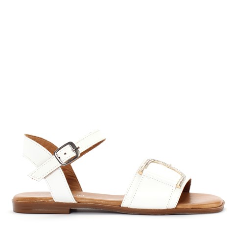 Kadın Beyaz Kalın Bantlı Taşlı Deri Sandalet