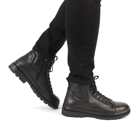 Erkek Siyah Bağcıklı Fermuarlı Deri Bot