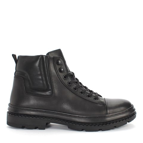 Erkek Siyah Bağcıklı Fermuarlı Deri Bot