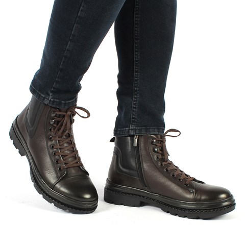 Erkek Kahverengi Bağcıklı Fermuarlı Deri Bot