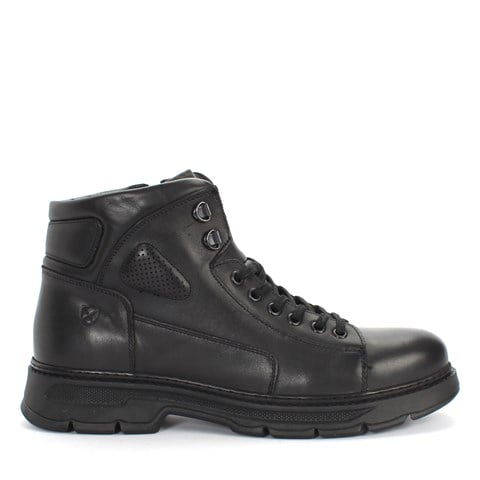 Erkek Siyah Bağcıklı Fermuarlı Deri Bot