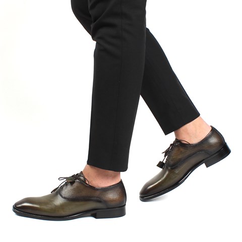 Erkek Haki Bağcıklı Deri Klasik Ayakkabı