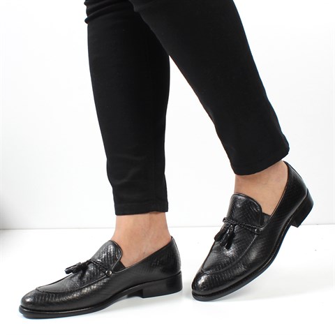 Erkek Siyah Püsküllü Deri Loafer