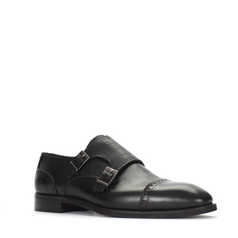 Erkek Siyah Çift Tokalı Deri Klasik Ayakkabı