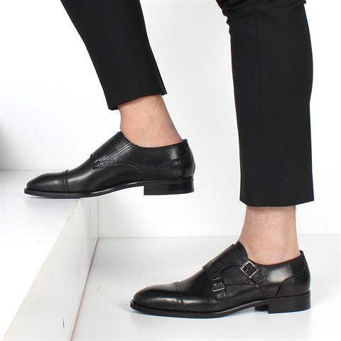 Erkek Siyah Çift Tokalı Deri Klasik Ayakkabı