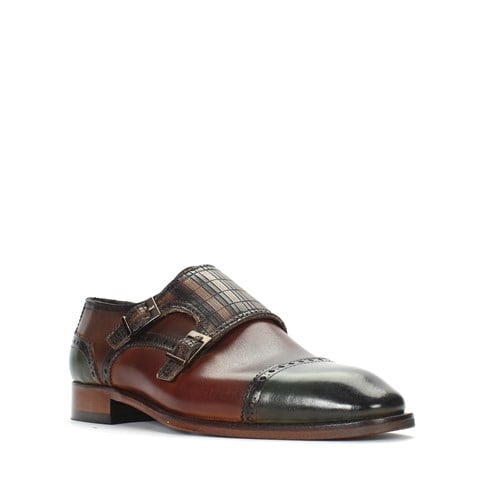 Erkek Yeşil Çift Tokalı Deri Klasik Ayakkabı