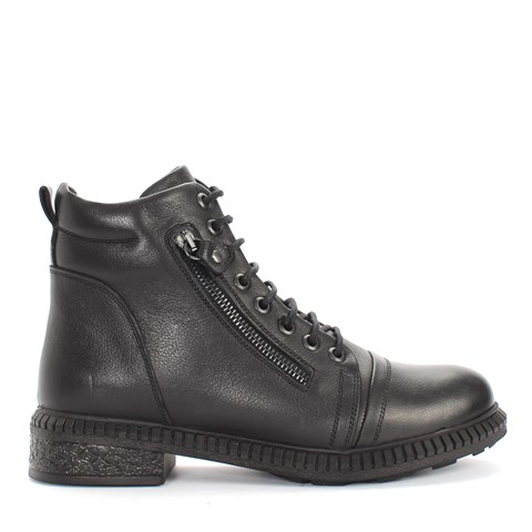 Kadın Siyah Fermuarlı Kalın Tabanlı Deri Bot