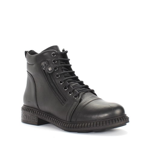 Kadın Siyah Fermuarlı Kalın Tabanlı Deri Bot