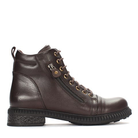 Kadın Kahverengi Fermuarlı Kalın Tabanlı Deri Bot